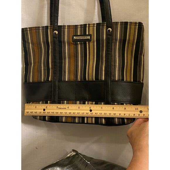 Longaberger Canvas Leather Small Tote / Purse 9 X 11 in. Brown Tan Black Stripes - Picture 7 of 13